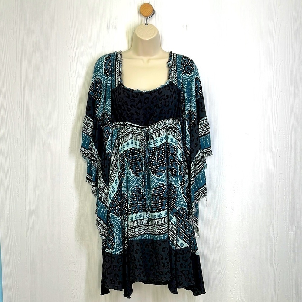 Free People - Heart Of Gold Bohemian Fit & Flare Charcoal & Teal Mini Dress SM